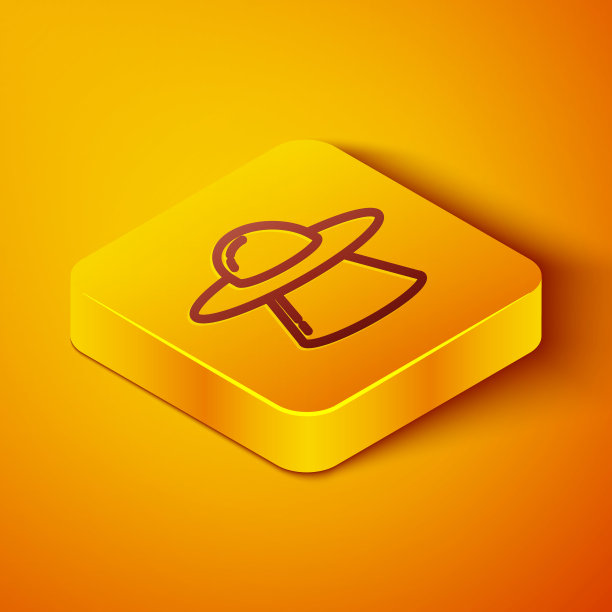 等距线UFO飞行飞船图标孤立在橙色背景。飞碟。外星人的宇宙飞船。未来未知的飞行物体。黄色正方形按钮。向量图片下载