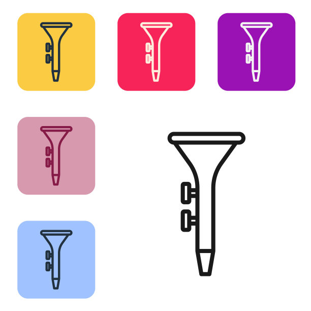 黑线乐器鼓和鼓棒图标孤立在白色背景上。设置图标的颜色方形按钮。向量图片下载