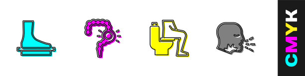 设置扁脚，肠道便秘，便秘和男人咳嗽图标。向量图片下载