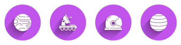 设定行星，火星漫游者，宇航员头盔和金星图标与长影子。向量图片下载