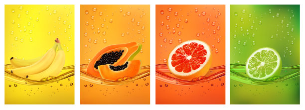 鲜榨果汁一起泼洒-香蕉，猕猴桃，桃，覆盆子汁饮泼洒。3 d新鲜水果。矢量图图片下载