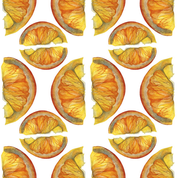无缝模式水彩柑桔水果橙子片在白色的背景。手绘的夏季食物对象菜单，贴纸，包装，墙纸，庆典图片下载