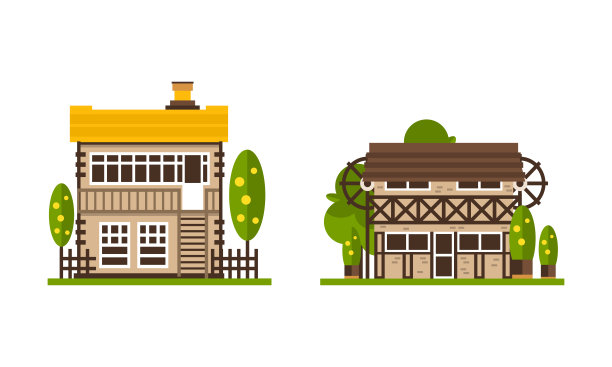 农村农场地区与房屋和建筑物休息在绿色草坪向量集图片下载