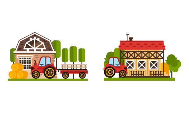 乡村和村庄的房子和建筑休息在绿色草坪向量集图片下载