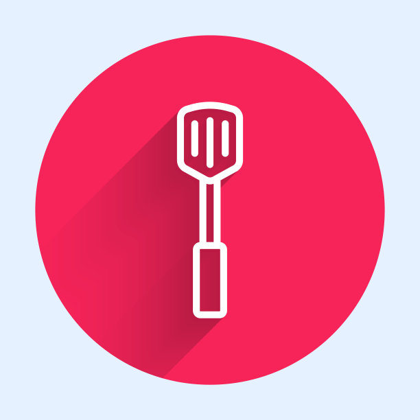 白线烧烤抹刀图标孤立与长阴影。厨房抹刀图标。烧烤抹刀迹象。烧烤和烧烤工具。红色圆圈按钮。向量图片下载