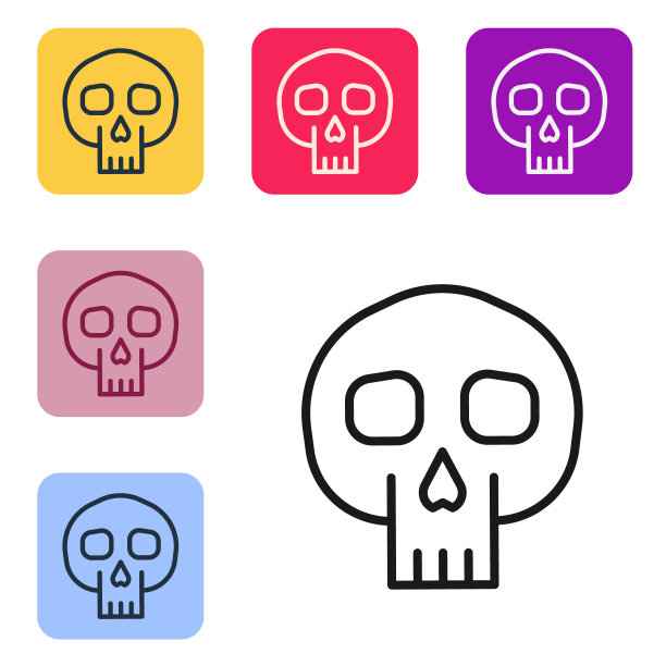 黑线骷髅图标孤立在白色背景。设置图标的颜色方形按钮。向量图片下载