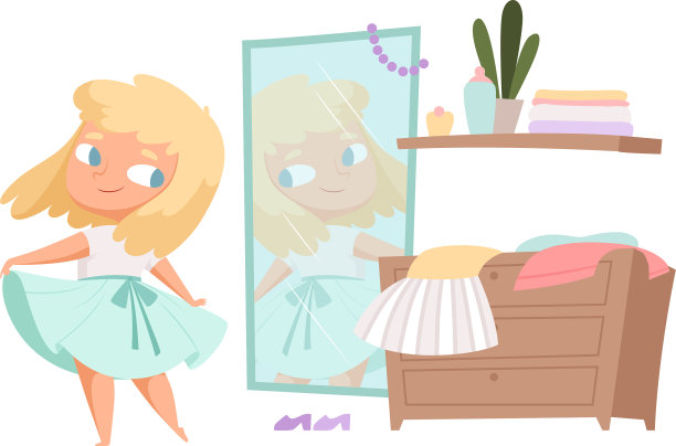 小女孩在试衣服时看着镜子里的小孩图片下载