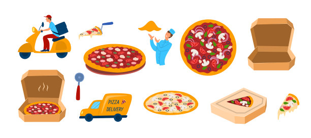 卡通颜色不同的披萨图标集图片下载