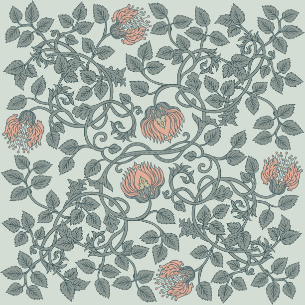 复古墙纸的花卉复古无缝图案。迷人的花朵。艺术和工艺运动的灵感。设计用于包装纸、墙纸。图片下载