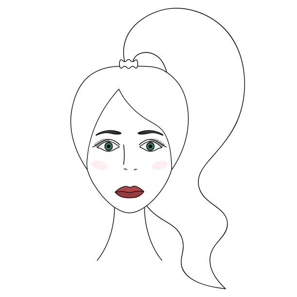 女孩的脸。草图。女人的头全脸。矢量插图。长发扎成马尾辫。绿色的眼睛。腮红。嘴唇上涂了口红。长睫毛。神秘的女性肖像。在孤立的白色背景上勾勒轮廓。图片下载