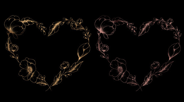 奢华的花心在金色和金色的粉色箔纹理上的黑色背景，迷人的手绘花朵心设计，优雅的婚礼心装饰图片下载