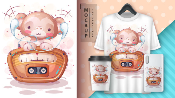 可爱的猴子听广播海报和商品图片下载