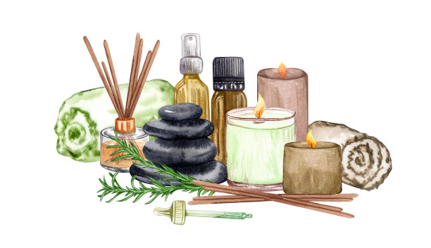 水彩SPA。沐浴收集油，花，盐，毛巾，石头，烛台，香薰。图片下载