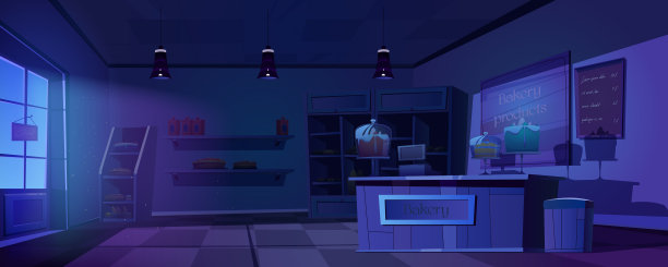 面包店晚上，空黑烤房内部图片下载