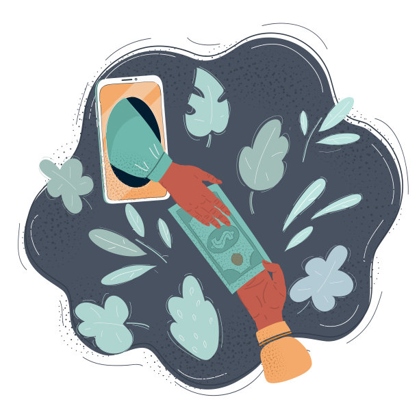 手的矢量插图出现在智能手机屏幕上，并给出或采取的银行纸币。使用手机转账。物体在黑暗的背景。图片下载