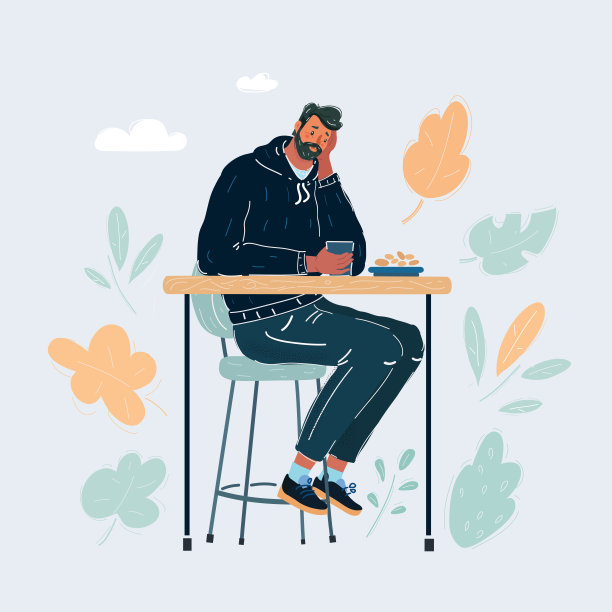 向量插图的沮丧的年轻悲伤的男人坐在桌子上的咖啡馆在白色的背景。图片下载