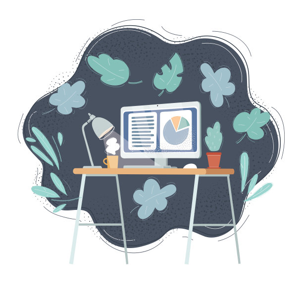 现代家庭办公室内与桌面的矢量插图。图片下载