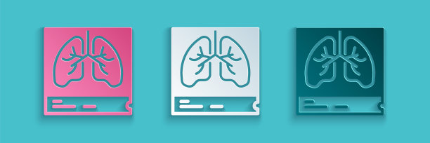 肺部x线诊断图标，蓝色背景孤立。肺的快照。纸艺术风格。向量图片下载