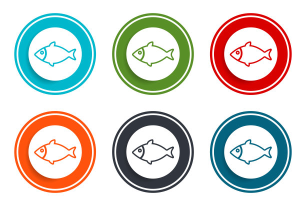 鱼图标平面矢量插图设计圆形按钮收集6个概念彩色框架简单的圆形设置图片下载