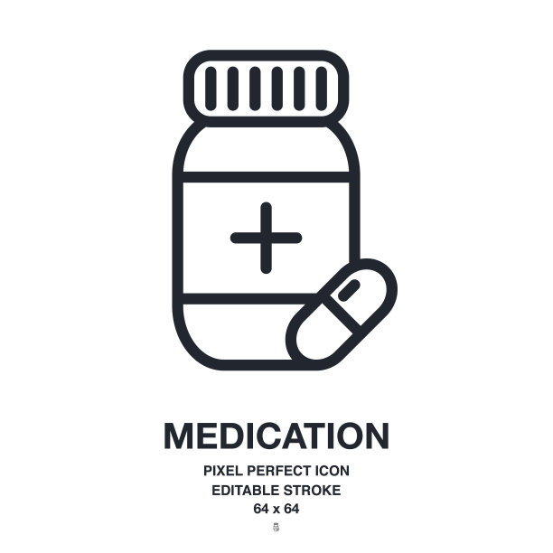 药物和药丸可编辑的描边轮廓图标孤立在白色背景矢量插图。像素完美。64 x 64。图片下载