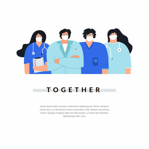一群戴着口罩的男女医生和护士。共同阻止冠状病毒手绘概念。白色背景下的医疗团队医疗专业人员在制服矢量插图图片下载