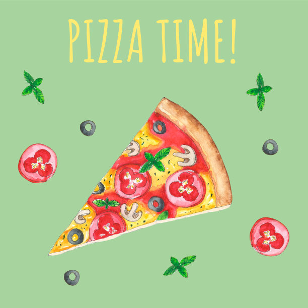 一片意大利披萨。水彩绘画。食品说明图片下载