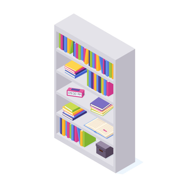 书架上的书在等距矢量插图。图片下载