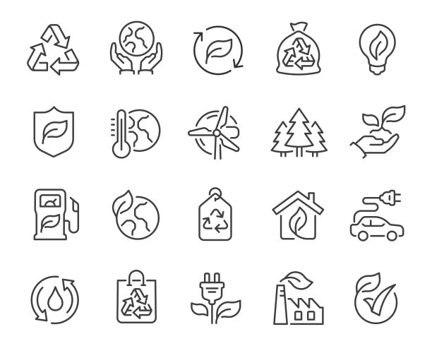 生态学的图标集。收集线性简单的网页图标，如回收，可替代能源，生态屋，环境保护，全球变暖等。可编辑的矢量中风。图片下载
