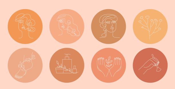 极简圆形图标设置或设计模板在最小的线性风格。女性一字排开写真，鲜花和化妆品为美与时尚点亮故事。化妆、修指甲或美容工作室。素材图片