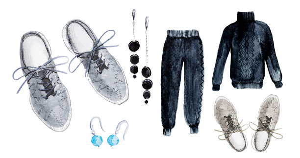 系运动鞋和运动套装水彩插图的收集孤立在白色的背景。运动鞋运动服。配耳环的现代鞋。户外活动的优雅设备。图片下载