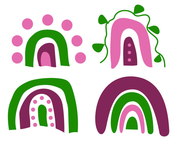 斯堪的纳维亚丁香彩虹与圆圈和叶子的儿童衣服，套床单，海报等。矢量抽象插图。图片下载