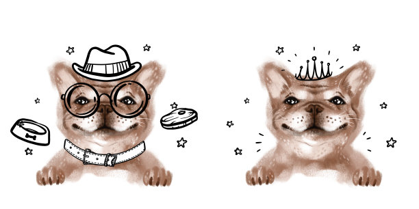 手绘肖像的法国牛头犬，牛头犬与帽子，牛头犬与皇冠在头上图片下载