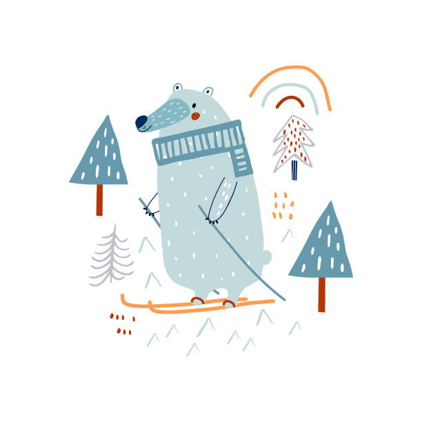 可爱的手绘熊在森林滑雪。卡通创意矢量插图在斯堪的纳维亚风格图片下载