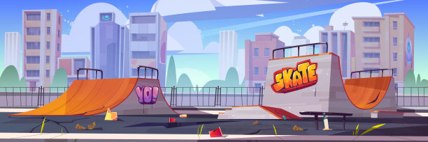 破旧的滑板公园，破碎的坡道和破碎的道路图片下载