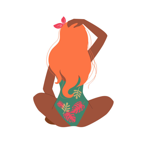 漂亮的红发女孩穿着带有热带树叶的游泳衣。暑期度假概念图片下载