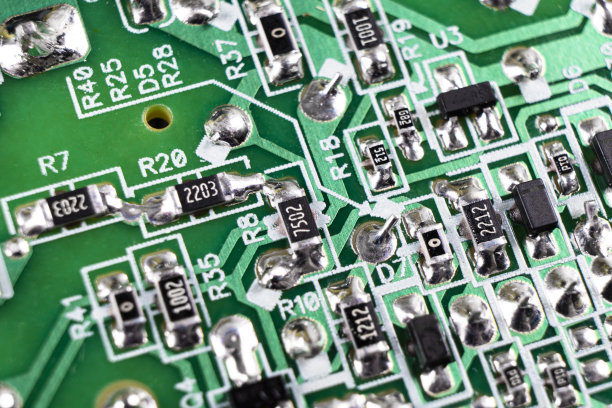 微距拍摄带有电阻、微芯片和电子元件的电路板。计算机硬件技术。综合通信处理器。信息工程。半导体。PCB。特写镜头图片下载