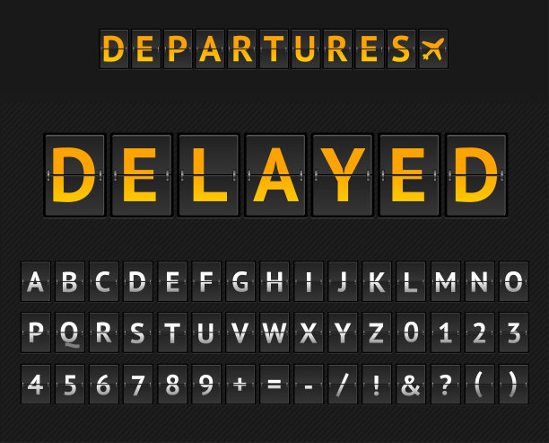 机械机场翻转板延误和一组字母和数字。向量图片下载