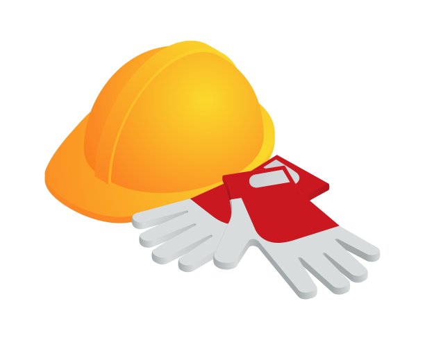 等距矢量插图黄色工人帽和手套孤立在白色背景。现实建设或工作安全黄色头盔和手套图标在平面卡通风格。建筑工人的头盔。图片下载