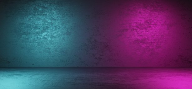 空荡荡的暗室，有墙和地板，两边都是赛博朋克式的霓虹灯。建筑墙纸和室内装饰概念。3D插图渲染图形。图片下载