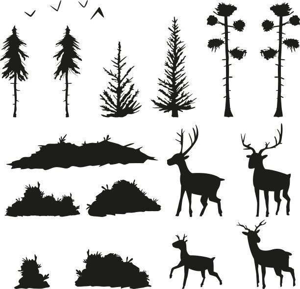 森林和鹿的黑色剪影图片下载