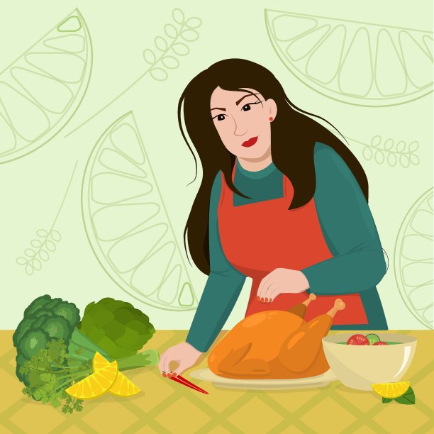 在厨房里，一个年轻的黑发女人正在准备一只鸡，准备在烤箱里烤。感恩节的矢量插图图片下载