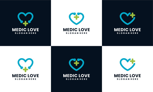 一套医学图标与爱情听诊器外形概念设计模板图片下载