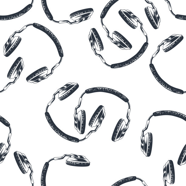 耳机音乐无缝背景。游戏耳机或耳机。手绘。复古风格。图片下载