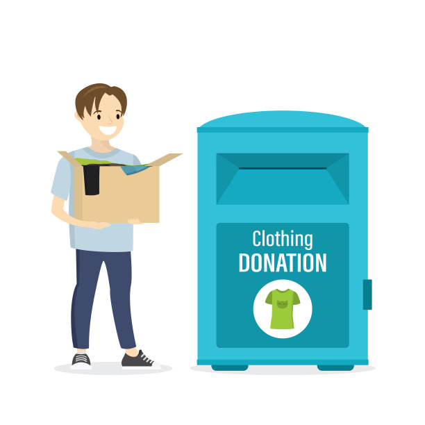 慈善捐赠概念横幅。白人男孩志愿者拿着装着衣服和东西的箱子。男主角旁边的大衣物捐款箱图片下载