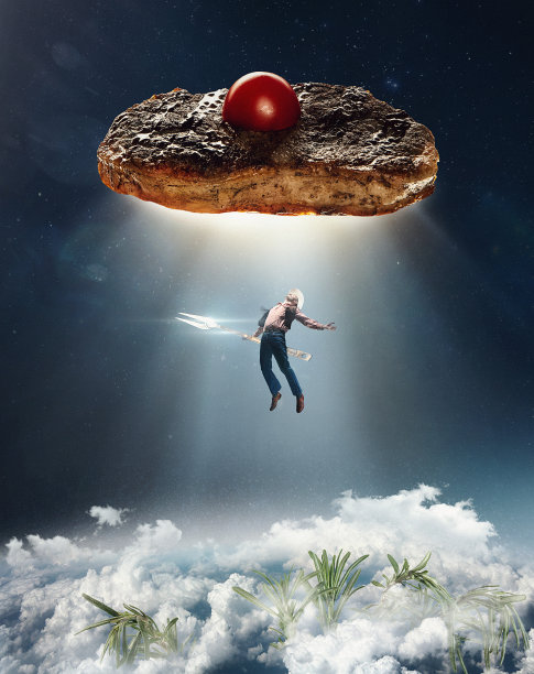 一个年轻人被不明飞行物绑架了，就像牛排配上迷迭香和樱桃番茄图片下载