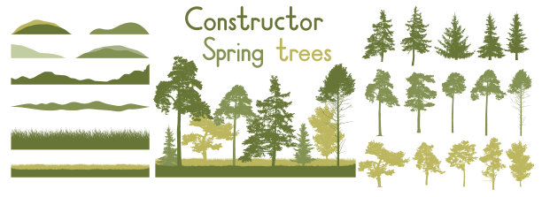春天的树，构造工具。美丽的云杉、松树和针叶树等，草地的剪影。设计元素的集合。矢量插图。图片下载