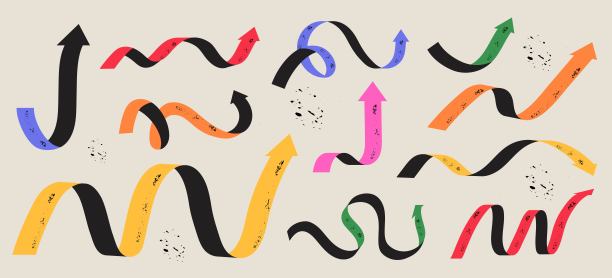 各种彩色好玩的箭头指针集或收集在时尚的风格。矢量插图的动态箭头标志的信息图设计或演示模板。图片下载