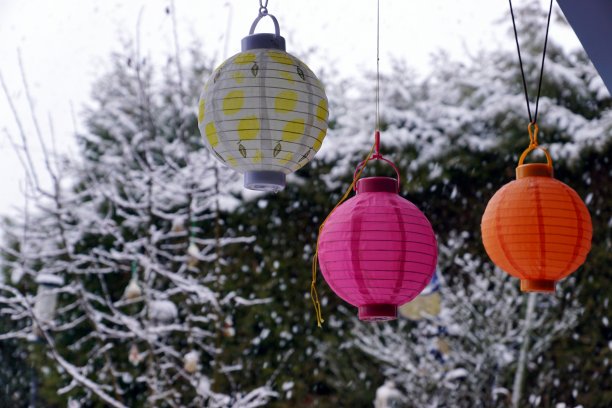 冬天回来了。2021年3月有暴风雪的花园和池塘。巴伐利亚,德国。图片下载