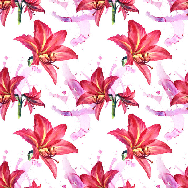 无缝图案水彩花束红百合和抽象飞溅在白色的背景。手绘植物插图贺卡，庆祝，婚礼，生日，墙纸，包装，纺织品图片下载