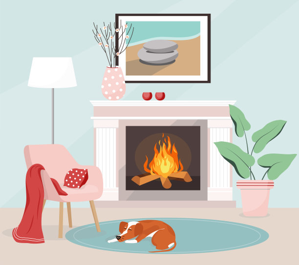 矢量插图舒适的家内部。客厅有壁炉，落地灯，花瓶。那幅画挂在壁炉上方。狗在地毯上睡觉。舒适的扶手椅和枕毯图片下载